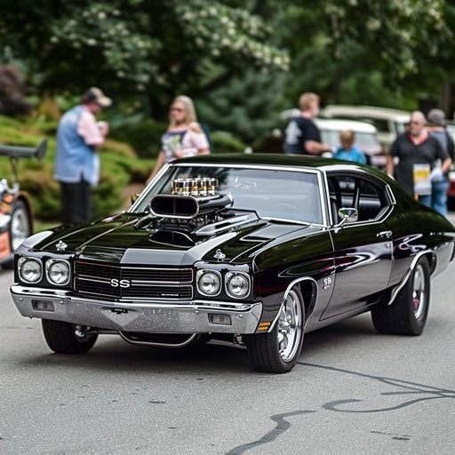 1977 Chevelle with supercharged engine, black, dramatic entrance at car show