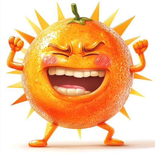 Humorous caricature of an orange caricature clipart with human characteristics, exaggerated rosy cheeks, long arms, next to a smiling sun, vibrant colors, cartoon style, frowning, high-resolution, no background, isolated