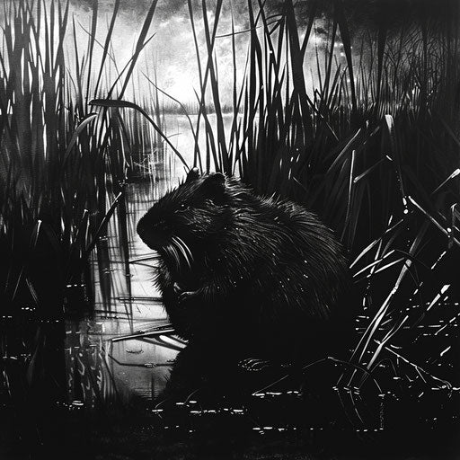 Muskrat in a dramatic monochrome marsh setting