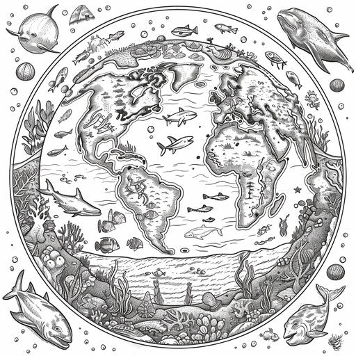 Detailed illustration of Earth with underwater scenes and marine life. Coloring book page