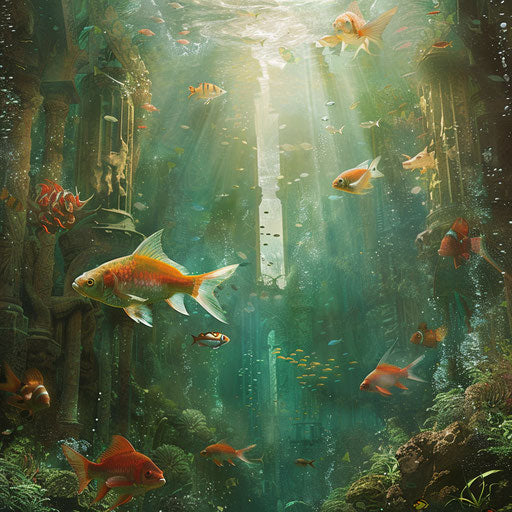 Ethereal depiction of fish swimming through the lost city of Atlantis