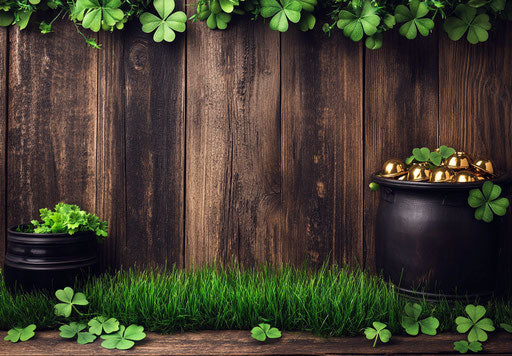 St. Patrick's Day banner with green grass, pot of gold, and clover decoration on wood.