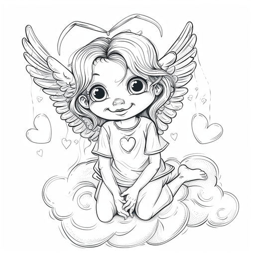 Cute angel with big eyes on a heart-shaped cloud