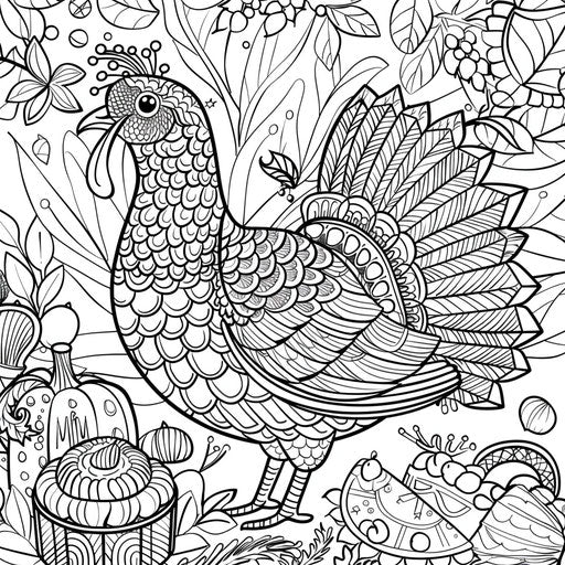 Adorable turkey with Thanksgiving objects in the background