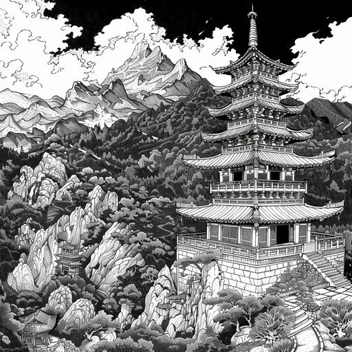 Pagoda by handline drawing illustration, monochromatic style