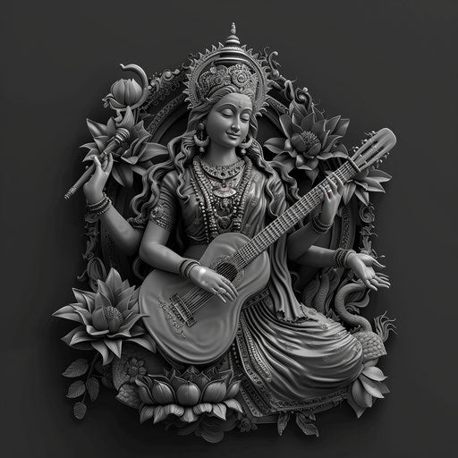 Saraswati clipart rendered in a realistic style on a flat, dark charcoal background, accentuating dramatic contrast and intricate detail