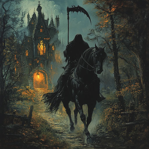 The headless horseman in black cloak towards the haunted mansion