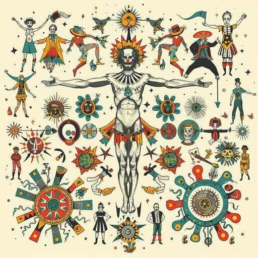Vitruvian Man surrounded by a joyful circus theme