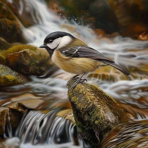 Chickadee bird by a clear, flowing stream