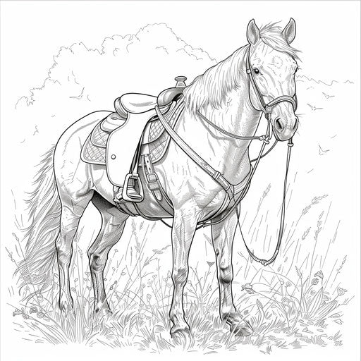 Detailed illustration of a pony with a saddle and bridle