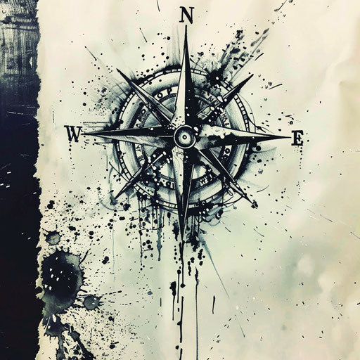 Abstract tattoo sketch of a compass rose with splattered ink
