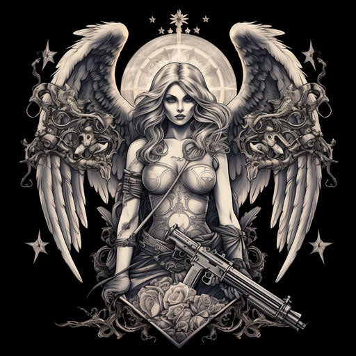 Angel lady with guns skull tattoo, in the style of ephemeral