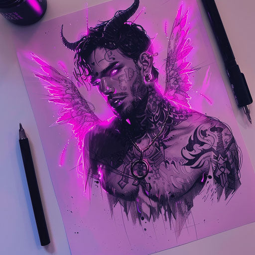 Modern sketch of Lucifer with neon lighting effects