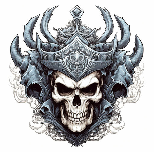 Devil horned skull with crown and speares