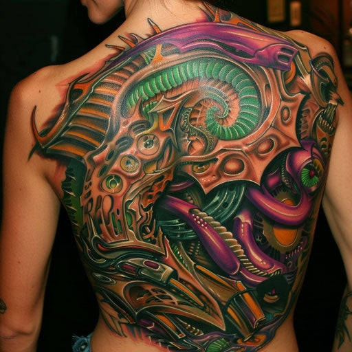 Abstract and colorful biomechanical back tattoos for women