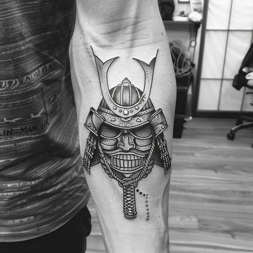 Simple tattoos for men of a samurai helmet, in the style of Ami James