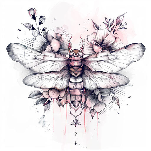 Romantic tattoo sketch of a firefly with soft blush tones and floral elements in a clipart style