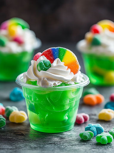 Green jelly with rainbow candy and whipped cream