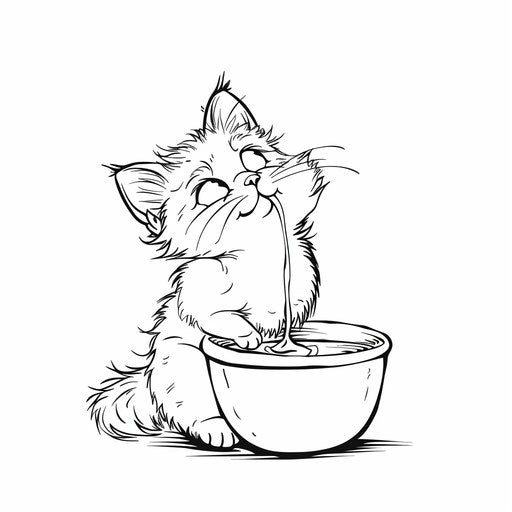Cartoon cat drinking milk from a bowl