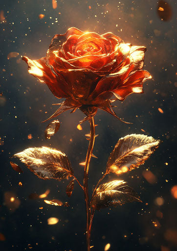 Rose with golden leaves and petals, deep red color, gold dust background, digital art style, fantasy realism, golden light effects, glowing shadows