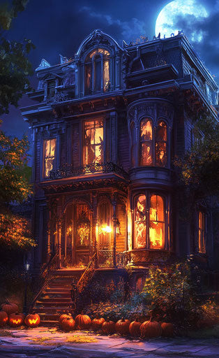 Halloween haunted house with pumpkins, dark fantasy illustration