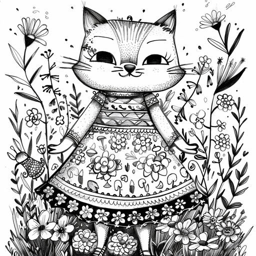 Casual dress with cheerful animal prints, great for kids. Coloring book page