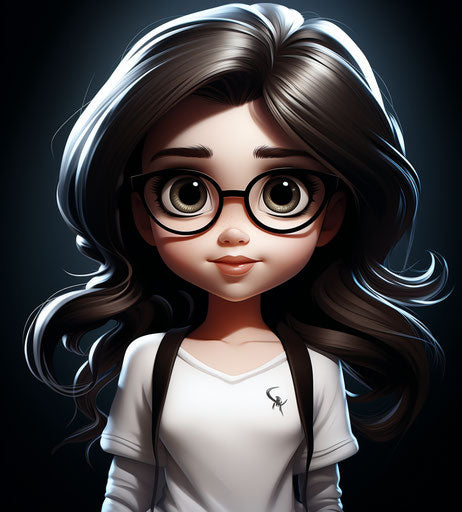 Cartoon girl with glasses, dark airbrush art style