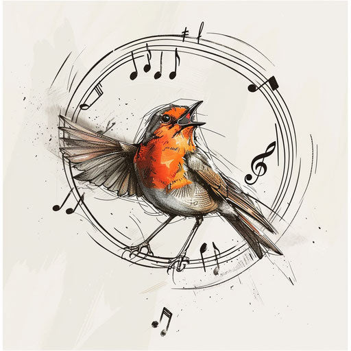 Dynamic flat tattoo sketch of a robin in mid-song with musical notes around