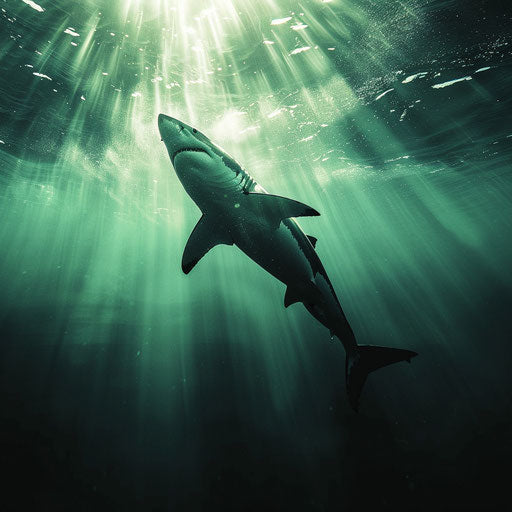 Great white shark silhouette against sunlit water