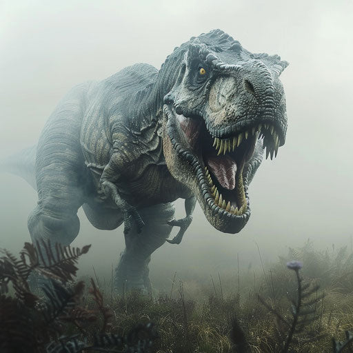 T-rex dinosaur in the fog of ancient morning