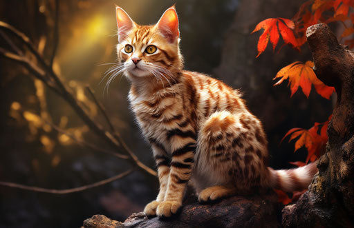 The Chambord cat sits on a rock in the forest