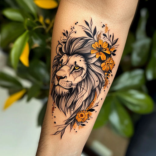Stylized lion tattoo sketch with floral mane in black and gold