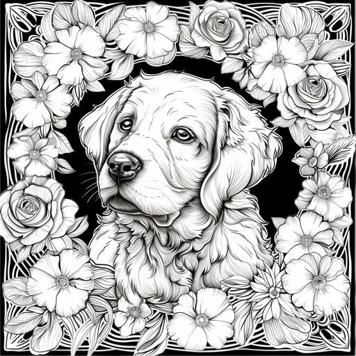 Detailed floral frame with a puppy in the center