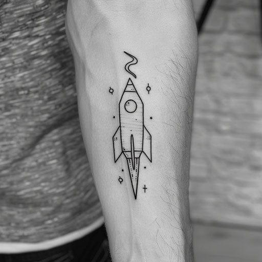 Simple flat tattoo sketch of a rocket in minimalist linear style