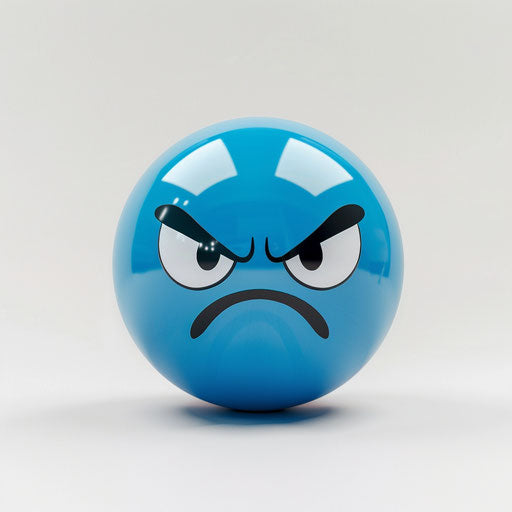 Blue ball with angry face emoji on white background