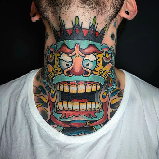 Throat tattoos with cartoonish flair, inspired by Steve Sack