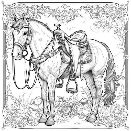 Pony with saddle and bridle. Detailed drawing. Coloring page