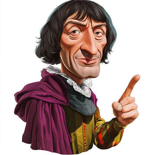 Humorous caricature of a Nicolaus Copernicus caricature clipart with human characteristics, exaggerated chubby cheeks, thin arms, colorful backdrop, vibrant colors, cartoon style, pointing, high resolution, no background, isolated