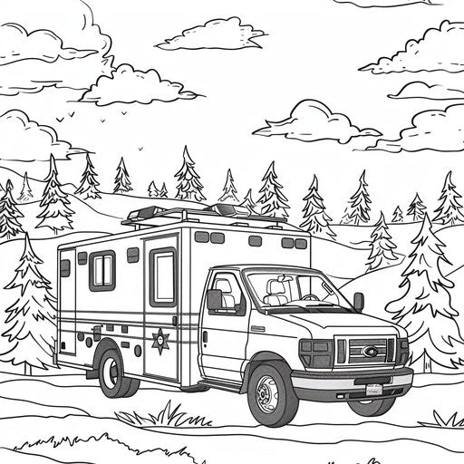 Bold ambulance outline with hills and trees background