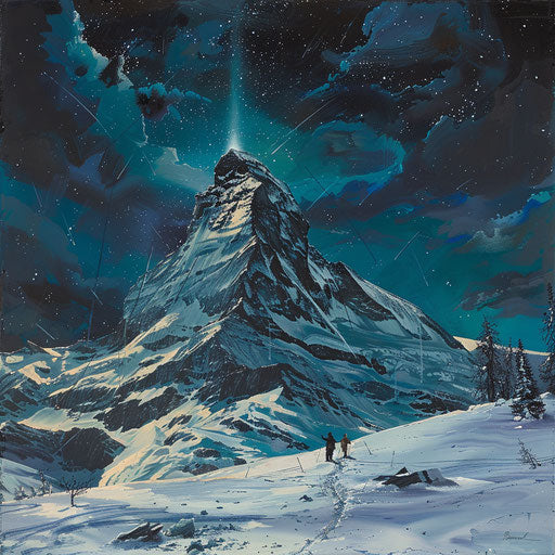 Climbers ascending the Matterhorn, in the style of Corey Arnold