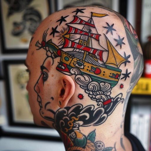 Head tattoos with nautical themes