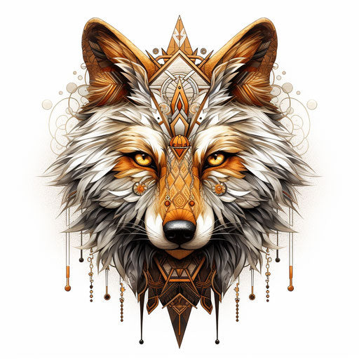Geometric wolves with tribal head in detailed flora
