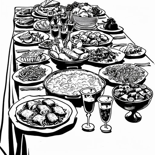 Table filled with potluck dishes from different cultures
