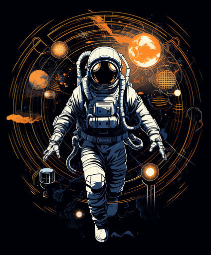 Astronaut flying in space, intricate geometric tattoo navy/white, apocalyptic salvagepunk art, tattoo-inspired stencils