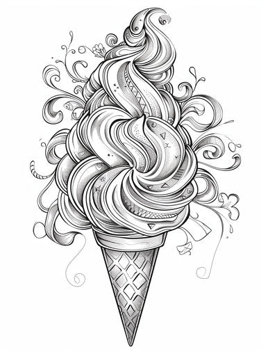 Happy birthday coloring page with ice cream cone, embroidered style