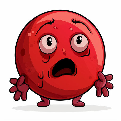 Red cartoon face with hands on white background, confused expression