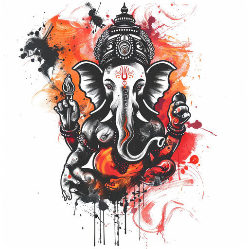 Edgy tattoo sketch of Ganesha, clipart style with fiery red and orange, explosive design
