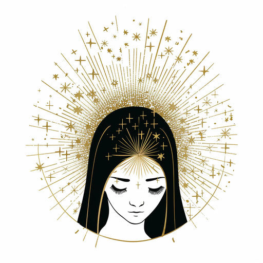 Saint's halo with stars, minimalist tattoo design in gold and black on white