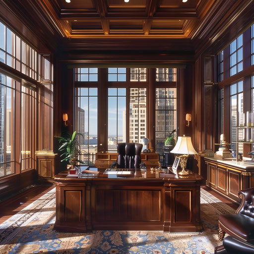 Luxurious executive office with mahogany furniture and windows