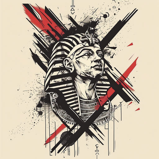 Dynamic flat tattoo sketch of a pharaoh with a modern abstract background